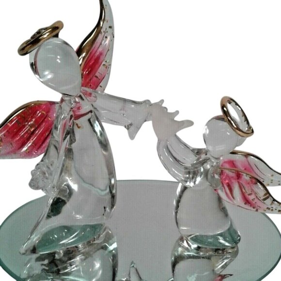 Hand Blown Glass Mother Child Angels Bird Mirror Base 22kt Gold Trim - Picture 7 of 7